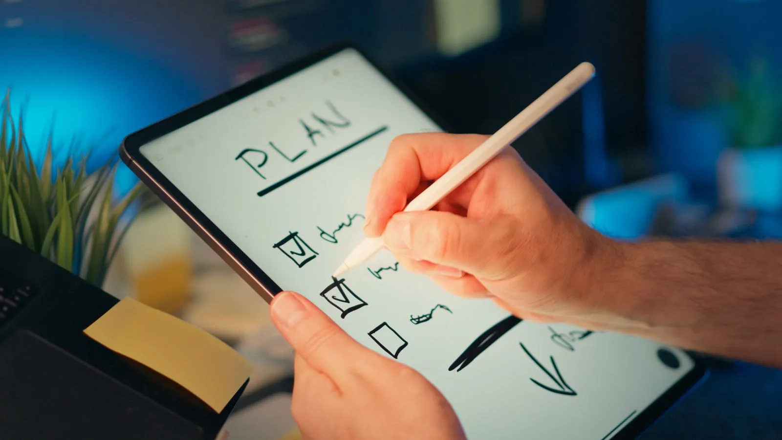 Hand checking boxes on a digital PLAN checklist — starting link acquisition with a focused 90-day plan