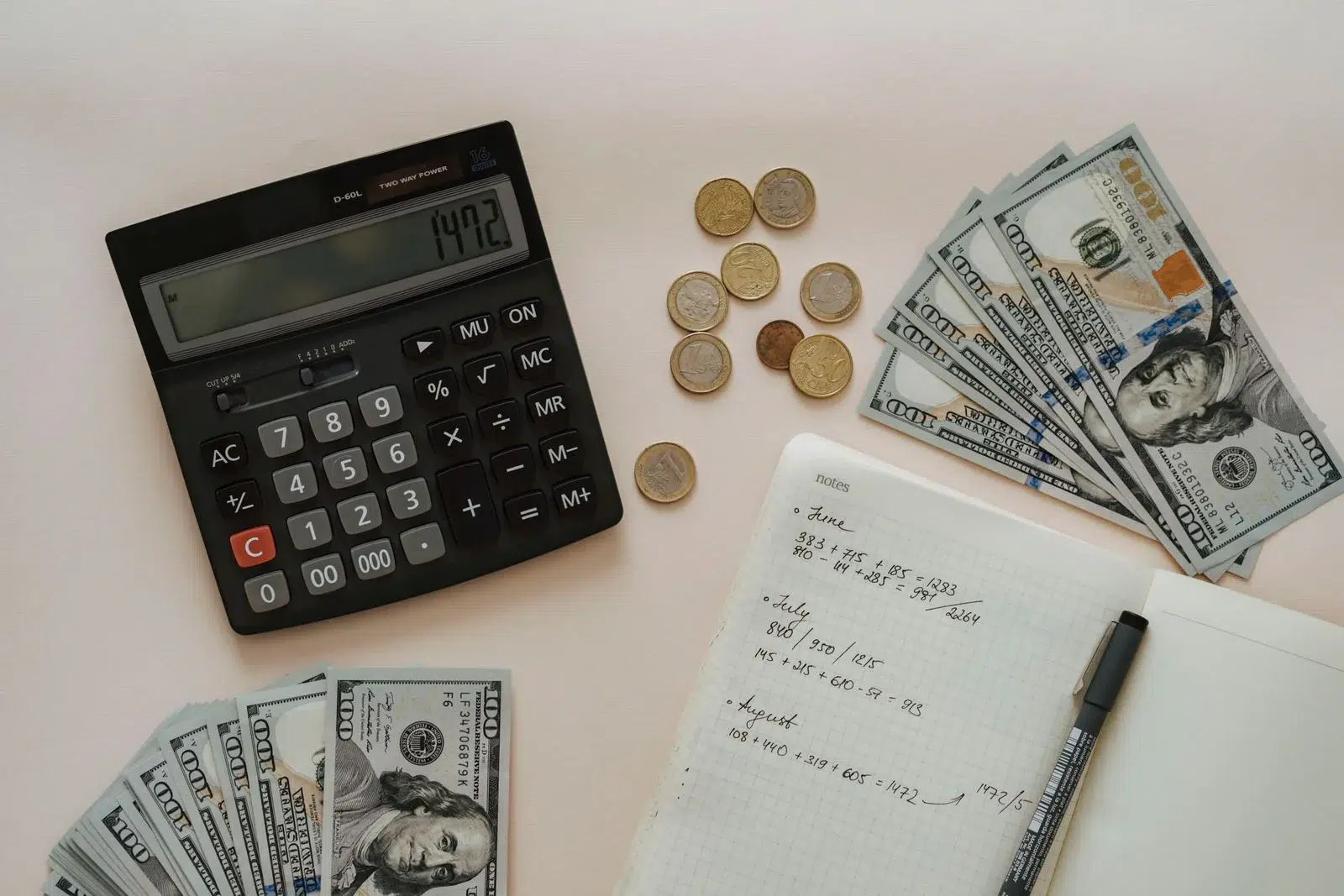Calculator surrounded by coins — link acquisition costs vary enormously by strategy and market