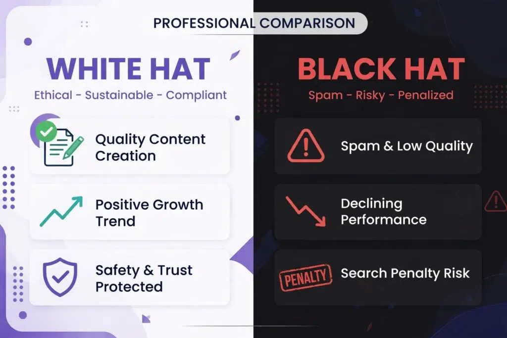 White hat vs black hat link building: ethical, sustainable growth vs spam, risk, and penalties