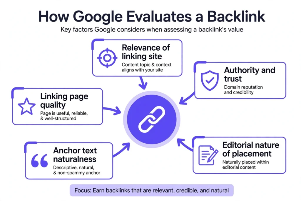 How Google evaluates a backlink: relevance, authority, editorial placement, natural anchors, and page quality