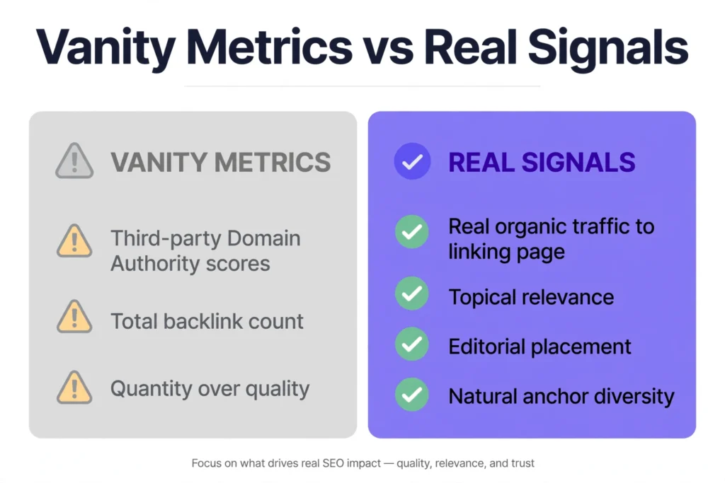 Vanity metrics vs real signals: traffic, relevance, and editorial placement beat third-party scores