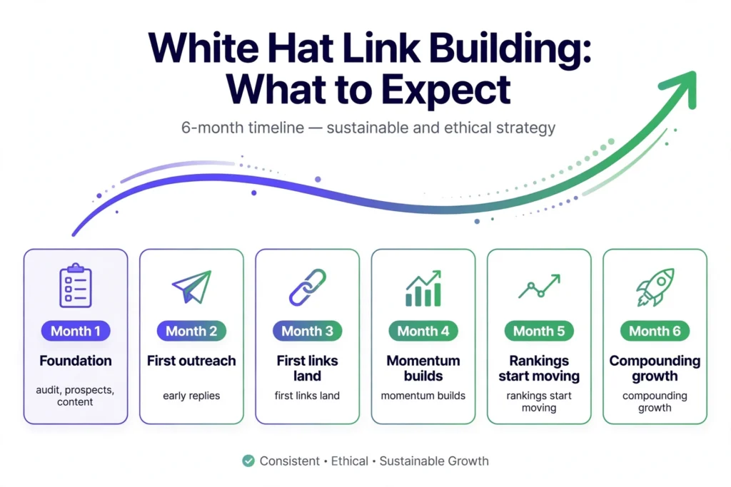 White Hat Link Building timeline: foundation, outreach, first links, momentum, rankings, compounding growth