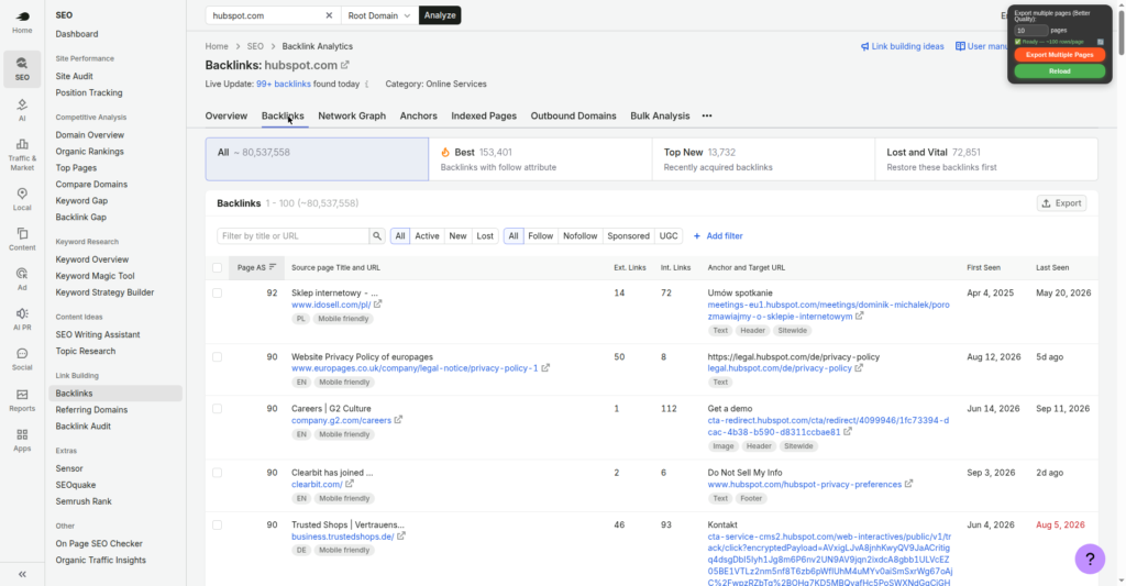 Real editorial backlinks: HubSpot earns links from tech blogs, GitHub projects, and international publishers citing their content
